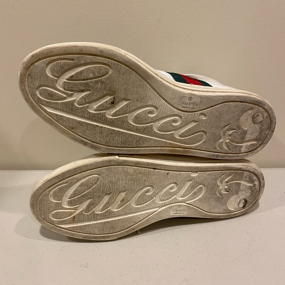GUCCI White High-Top Sneakers with signature leather toe -Red and Green Stripes - Picture 3 of 11